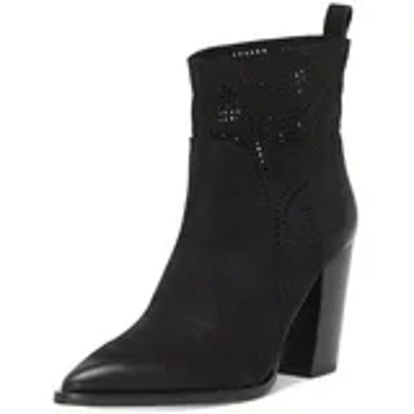 Black Vince Camuto Suede Catheryna Western Laser Cut Block Heel Ankle Booties 8
